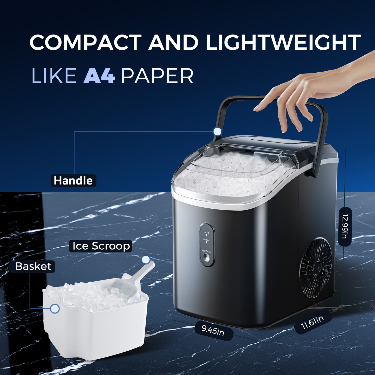Simzlife Nugget Countertop Ice Maker with Soft Chewable Pellet Ice, Portable Ice Machine with Handle, Ready in 6 Mins, 33lbs Per Day, Self-Cleaning, for Home, Kitchen, Office, Black