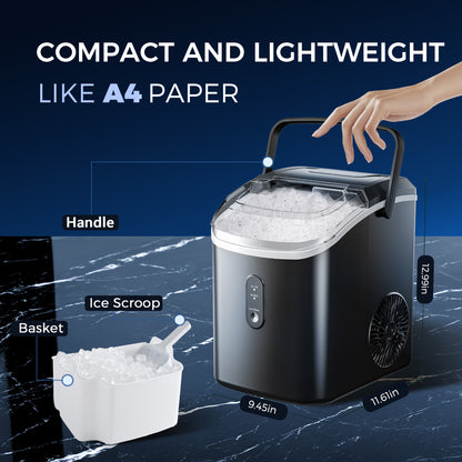 Simzlife Nugget Countertop Ice Maker with Soft Chewable Pellet Ice, Portable Ice Machine with Handle, Ready in 6 Mins, 33lbs Per Day, Self-Cleaning, for Home, Kitchen, Office, Black