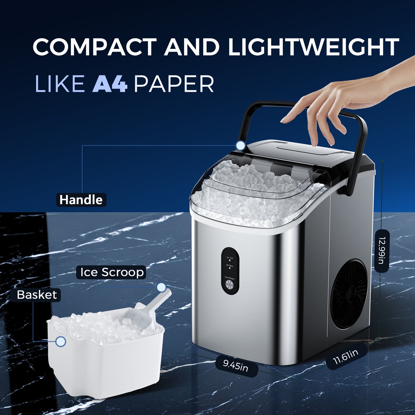 Simzlife Nugget Ice Maker Countertop with Soft Chewable Ice, 34lbs/24H, Ready in 6 Mins, Self-Cleaning, Pebble Portable Ice Machine for Home,Kitchen,Office, Silver