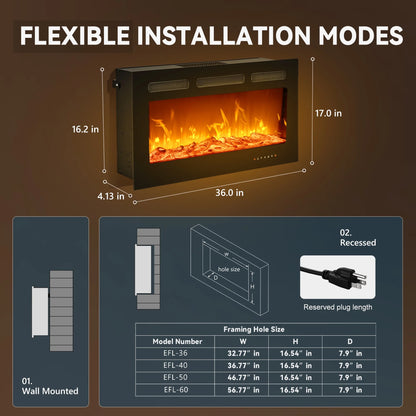 Simzlife 60 inch Indoor Electric Fireplace Ultra Thin Fireplace, Wall Mounted Recessed Fireplace with Multiple Colors Remote Control