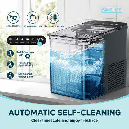 Simzlife Ice Maker Countertop, 9 Cubes Ready in 6 Mins, 26lbs in 24Hrs, Self-Cleaning Ice Machine with Ice Scoop and Basket, 2 Sizes of Bullet Ice for Home Kitchen Office Bar Party, Grey