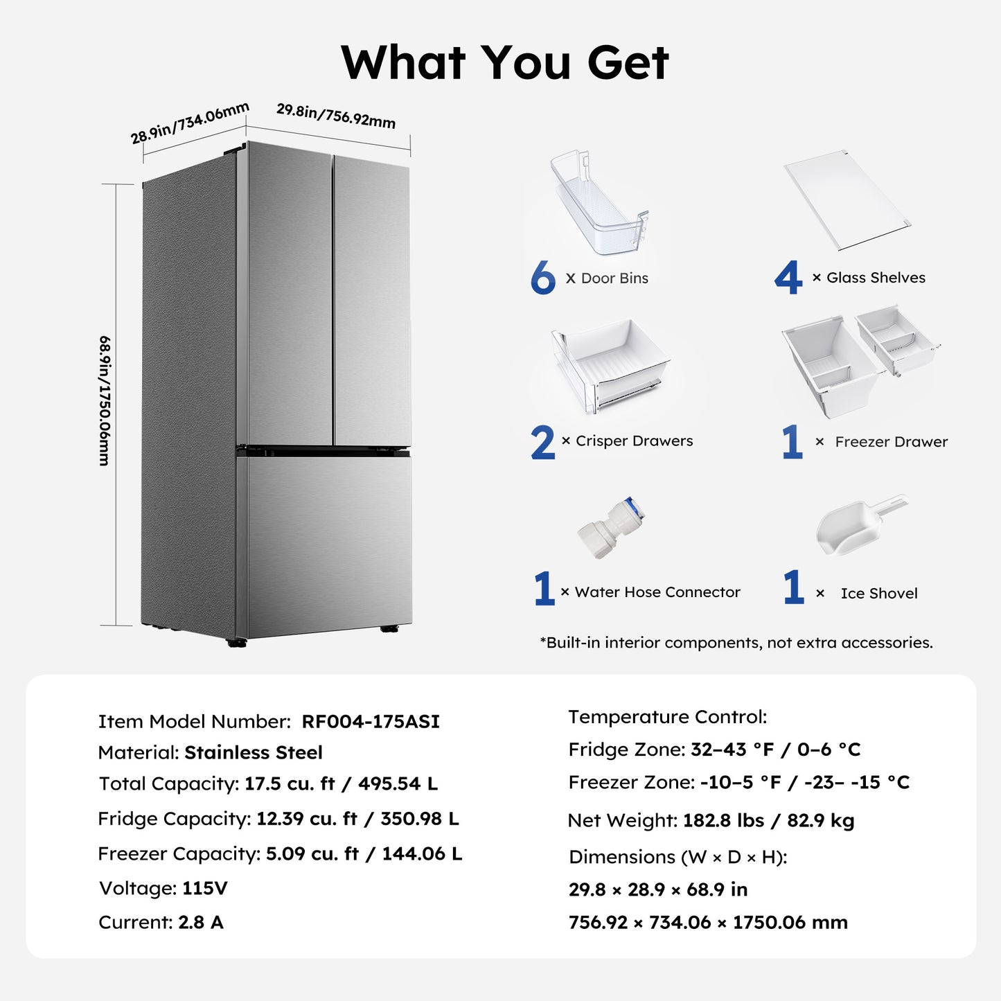 Simzlife 17.5 Cu. ft.  Counter-Depth Refrigerator with Bottom Freezer, French Door Refrigerator with Built-in Ice Maker, Stainless Steel