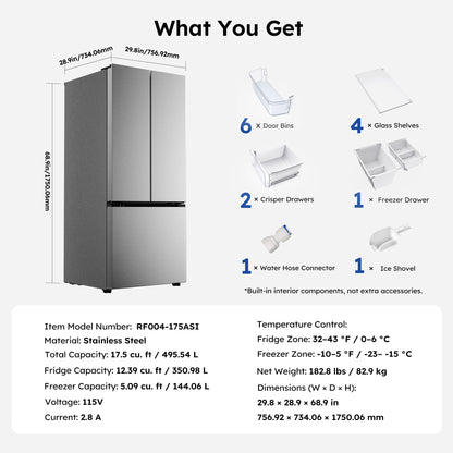 Simzlife 17.5 Cu. ft.  Counter-Depth Refrigerator with Bottom Freezer, French Door Refrigerator with Built-in Ice Maker, Stainless Steel