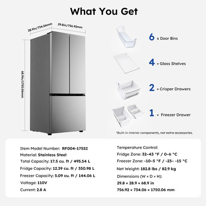 Simzlife 17.5 Cu. ft.  Counter-Depth Refrigerator, French Door Refrigerator with Bottom Freezer, Stainless Steel