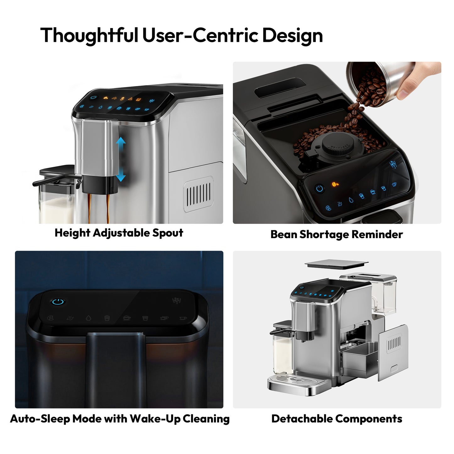 Simzlife 2-Cup Fully Automatic Espresso Machine with Grinder, 15 Grind Settings, 20 Bar Pressure, Milk Frother, Silver
