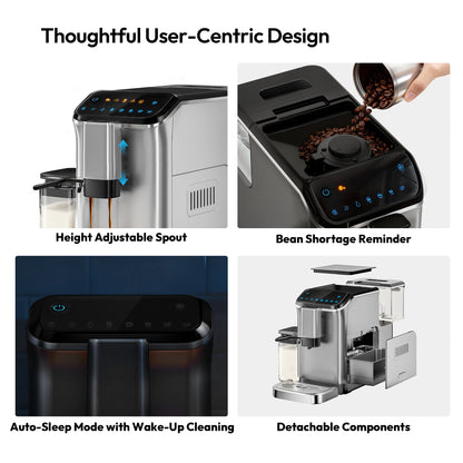 Simzlife 2-Cup Fully Automatic Espresso Machine with Grinder, 15 Grind Settings, 20 Bar Pressure, Milk Frother, Silver