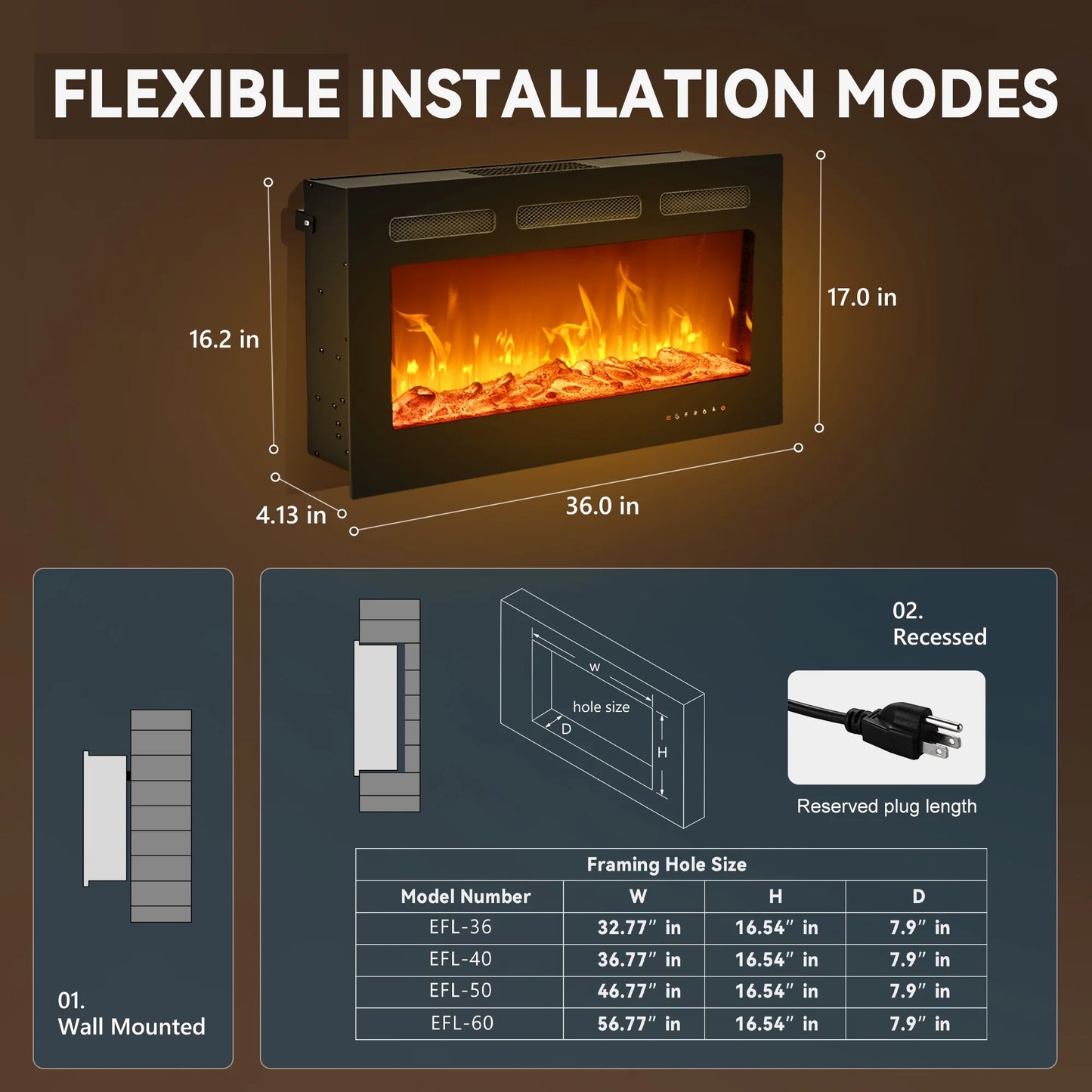 Simzlife 50 inch Indoor Electric Fireplace Ultra Thin Fireplace, Wall Mounted Recessed Fireplace with Multiple Colors Remote Control