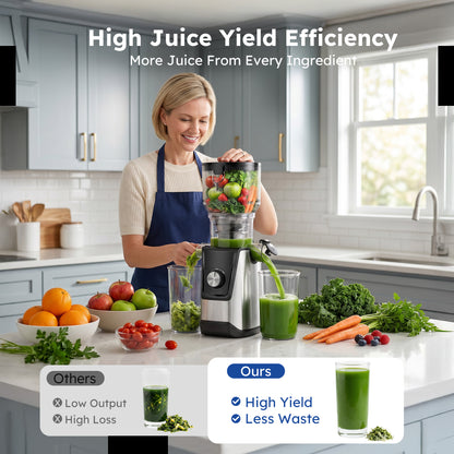 SIMZLIFE Cold Press Juicer, 5.1" Extra Large Feed Chute, 200W Slow Masticating Juicer Machine with Stainless Steel Housing, 304 Filter, Forward & Reverse Function, Easy to Clean, 2 Cups, Silver