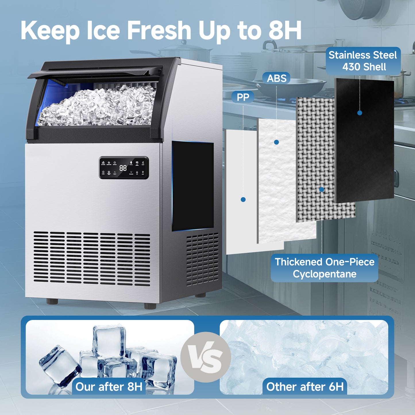 SIMZLIFE Commercial Ice Maker 200Lbs/24H, NSF Certified, Stainless Steel, Auto Cleaning