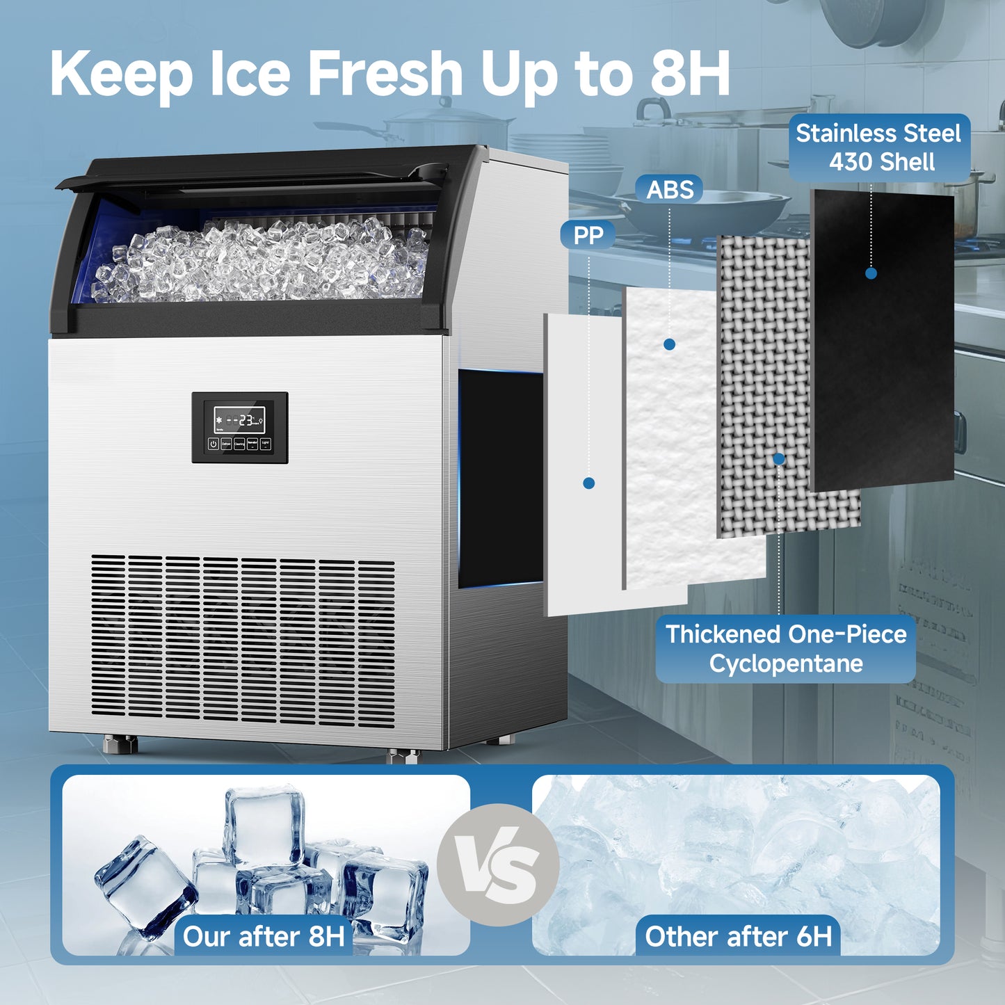 SIMZLIFE Commercial Ice Maker 300Lbs/24H with 33LB Storage Bin, Stainless Steel