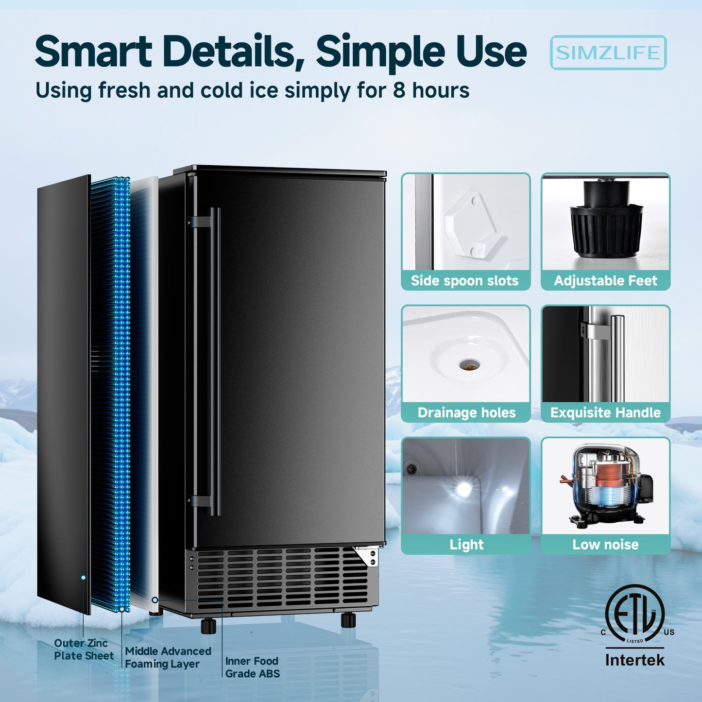 SIMZLIFE Built-in Commercial Ice Maker 80Lbs/24H, Under Counter or Freestanding, Self-Cleaning, Kitchen & Bar, Black