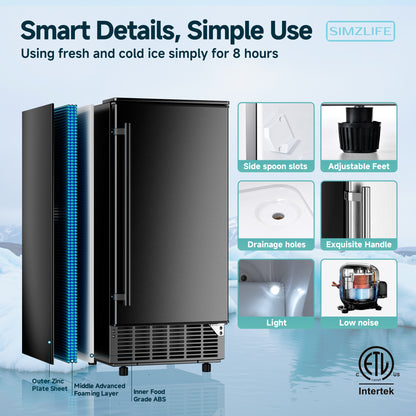 SIMZLIFE Built-in Commercial Ice Maker 80Lbs/24H, Under Counter or Freestanding, Self-Cleaning, Kitchen & Bar, Black