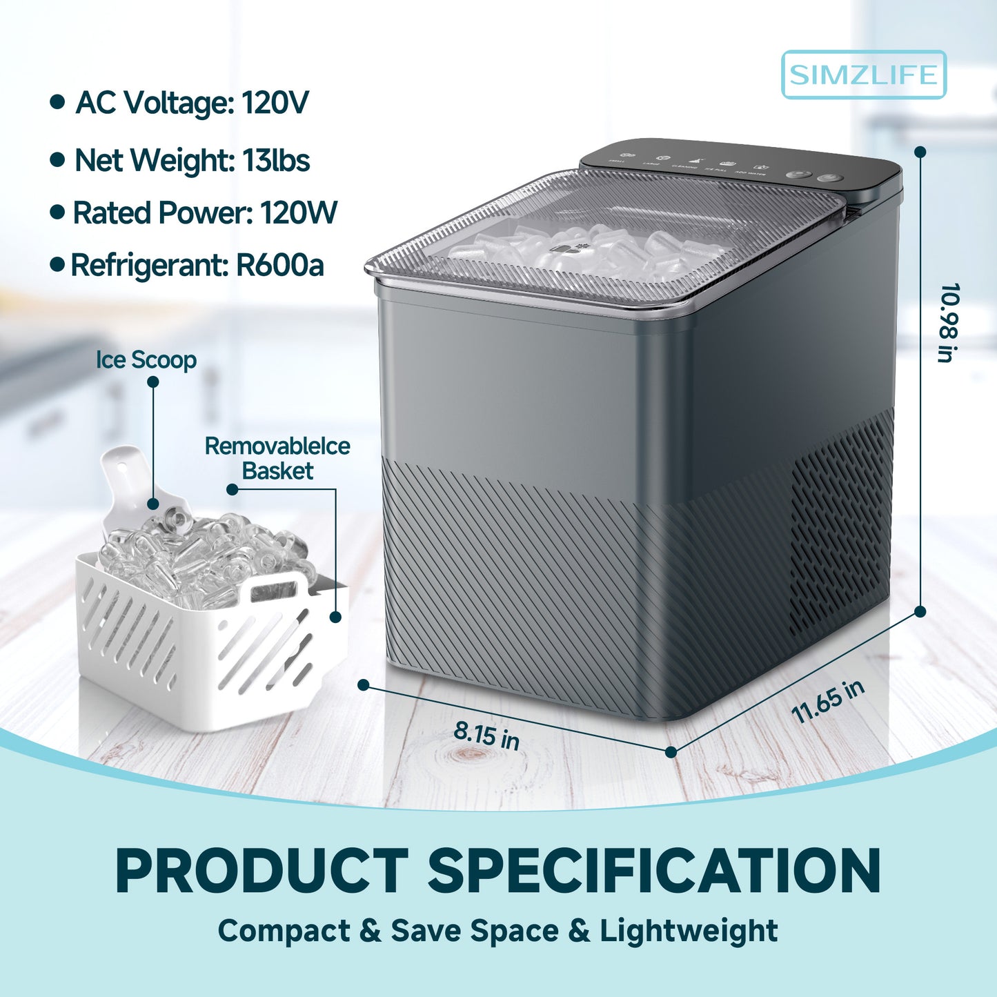 Simzlife Ice Maker Countertop, 9 Cubes Ready in 6 Mins, 26lbs in 24Hrs, Self-Cleaning Ice Machine with Ice Scoop and Basket, 2 Sizes of Bullet Ice for Home Kitchen Office Bar Party, Grey
