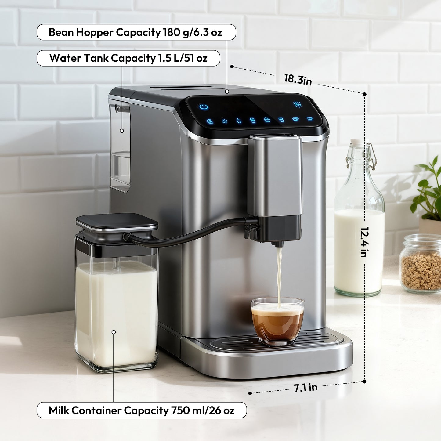 Simzlife 2-Cup Fully Automatic Espresso Machine with Grinder, 15 Grind Settings, 20 Bar Pressure, Milk Frother, Silver
