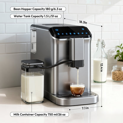 Simzlife 2-Cup Fully Automatic Espresso Machine with Grinder, 15 Grind Settings, 20 Bar Pressure, Milk Frother, Silver