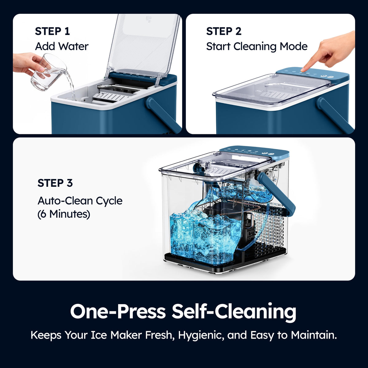 SIMZLIFE Portable Countertop Ice Maker, 26 Lbs/Day, 9 Bullet Ice Cubes in 6 Minutes, 2 Ice Sizes, Self-Cleaning Ice Machine, Blue