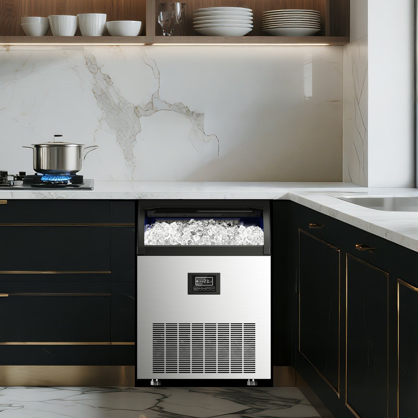 SIMZLIFE Commercial Ice Maker 300Lbs/24H with 33LB Storage Bin, Stainless Steel