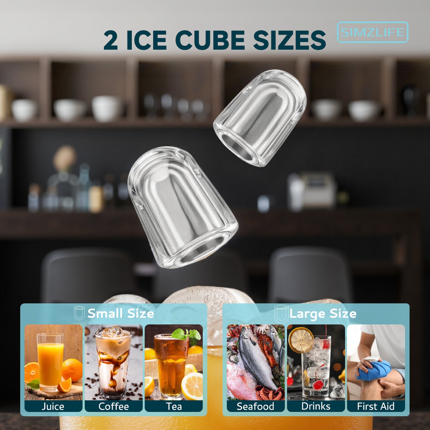 Simzlife Ice Maker Countertop, 9 Cubes Ready in 6 Mins, 26lbs in 24Hrs, Self-Cleaning Ice Machine with Ice Scoop and Basket, 2 Sizes of Bullet Ice for Home Kitchen Office Bar Party, Grey
