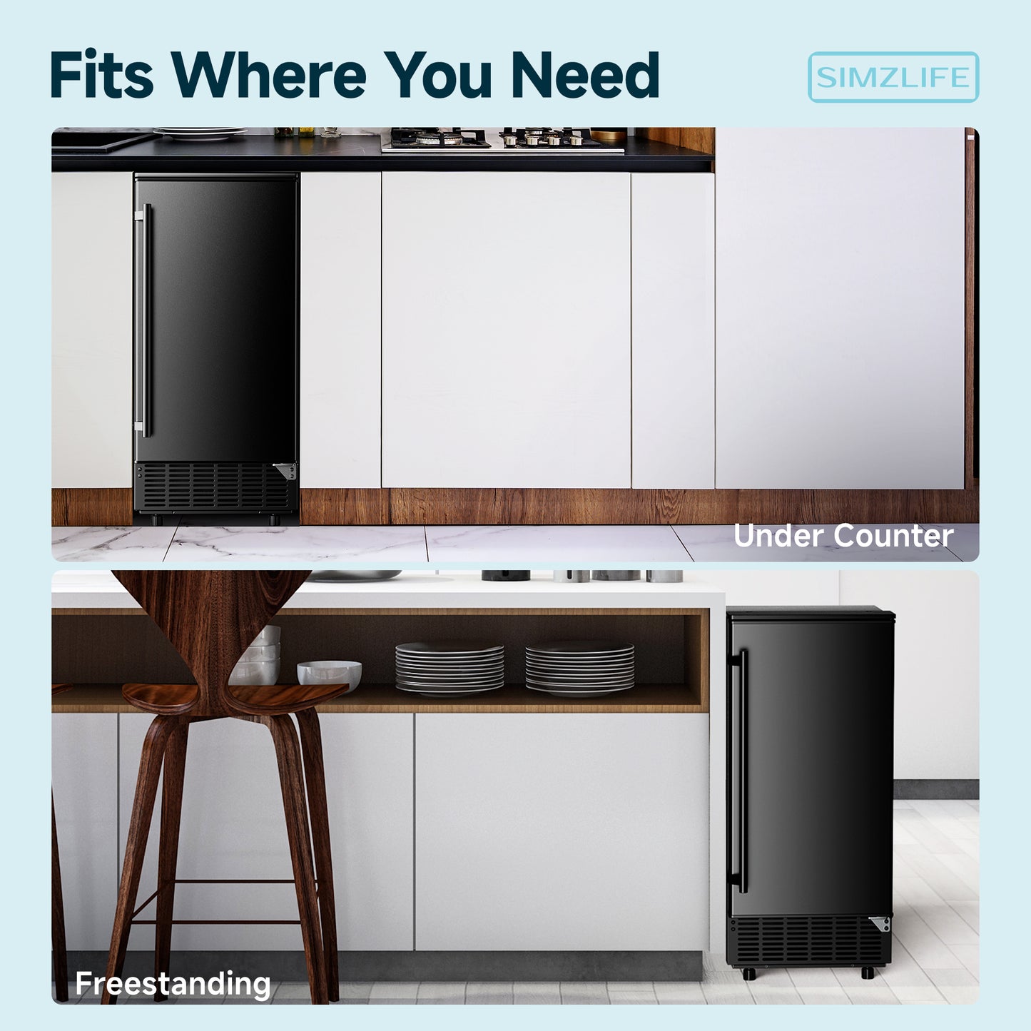 SIMZLIFE Built-in Commercial Ice Maker 80Lbs/24H, Under Counter or Freestanding, Self-Cleaning, Kitchen & Bar, Black