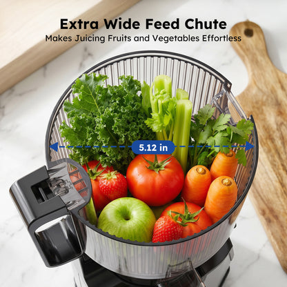 SIMZLIFE Cold Press Juicer, 5.1" Extra Large Feed Chute, 200W Slow Masticating Juicer Machine with Stainless Steel Housing, 304 Filter, Forward & Reverse Function, Easy to Clean, 2 Cups, Silver