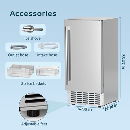 Simzlife 15" Nugget Ice Maker, 66 lbs/24H Built-In or Freestanding, Auto-Cleaning, Ice-Full Alert, Silver