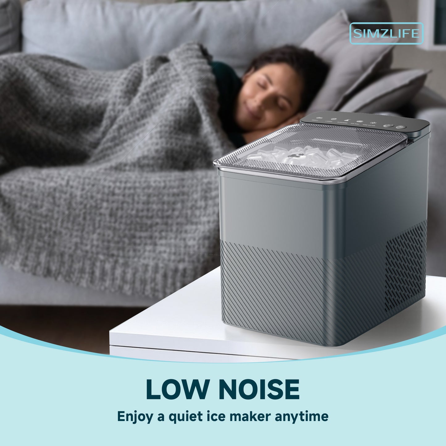 Simzlife Ice Maker Countertop, 9 Cubes Ready in 6 Mins, 26lbs in 24Hrs, Self-Cleaning Ice Machine with Ice Scoop and Basket, 2 Sizes of Bullet Ice for Home Kitchen Office Bar Party, Grey