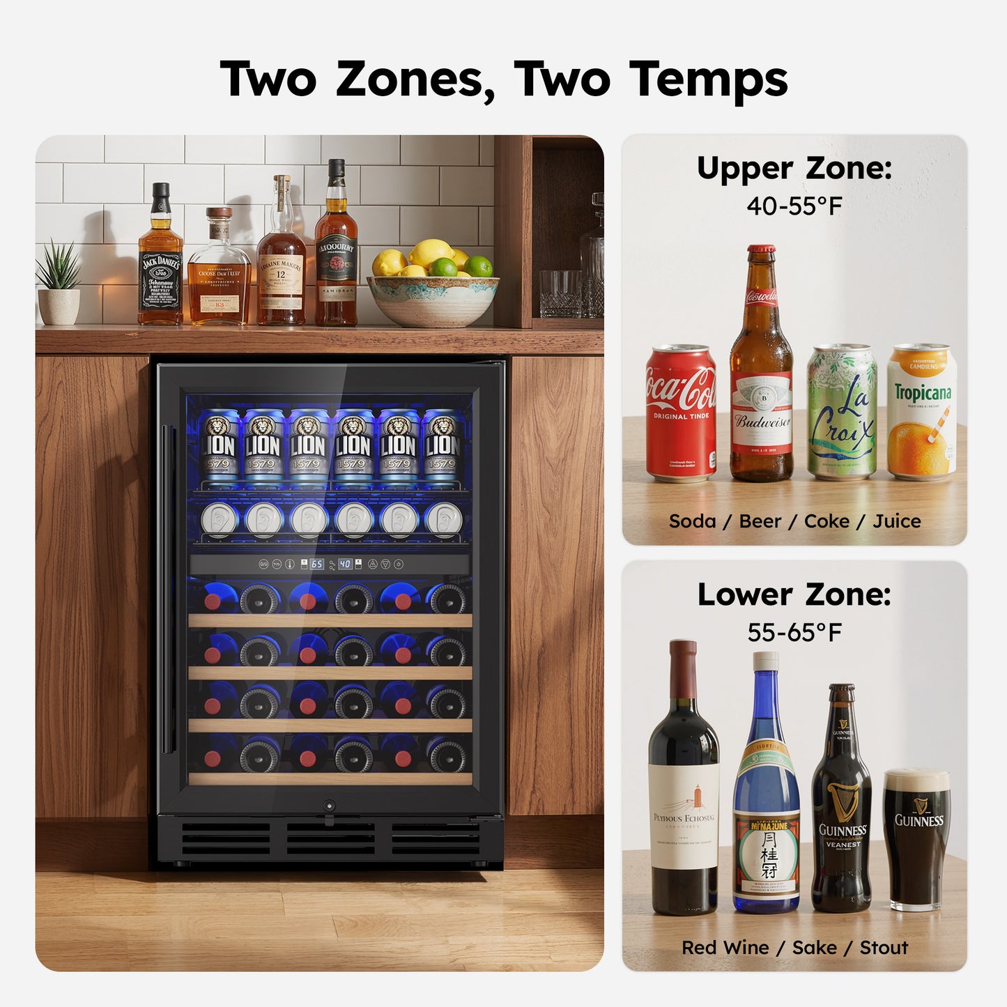 Simzlife 4.5 Cu.Ft Dual Zone Beverage Refrigerator Wine Cooler, Wine Chiller for 30 Bottles Wine & 65 Cans Drink, Adjustable Temperature Control for Home/Office/Bar,Black
