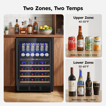 Simzlife 4.5 Cu.Ft Dual Zone Beverage Refrigerator Wine Cooler, Wine Chiller for 30 Bottles Wine & 65 Cans Drink, Adjustable Temperature Control for Home/Office/Bar,Black
