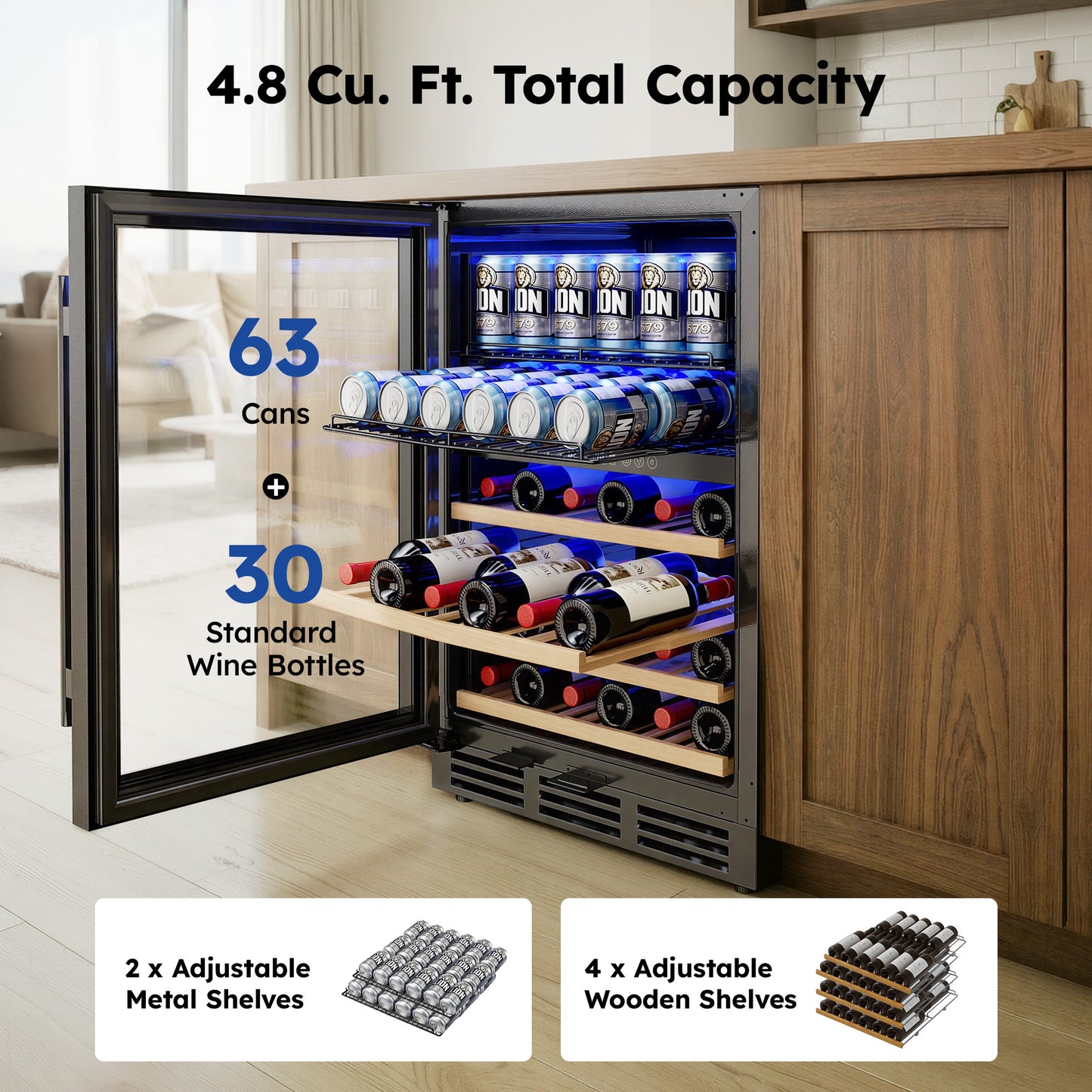Simzlife 4.5 Cu.Ft Dual Zone Beverage Refrigerator Wine Cooler, Wine Chiller for 30 Bottles Wine & 65 Cans Drink, Adjustable Temperature Control for Home/Office/Bar,Black