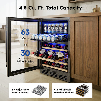 Simzlife 4.5 Cu.Ft Dual Zone Beverage Refrigerator Wine Cooler, Wine Chiller for 30 Bottles Wine & 65 Cans Drink, Adjustable Temperature Control for Home/Office/Bar,Black