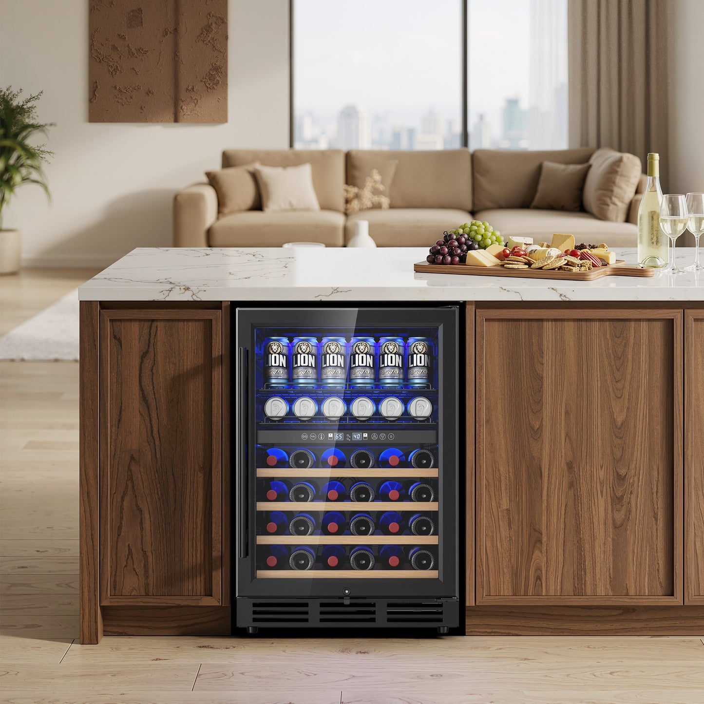 Simzlife 4.5 Cu.Ft Dual Zone Beverage Refrigerator Wine Cooler, Wine Chiller for 30 Bottles Wine & 65 Cans Drink, Adjustable Temperature Control for Home/Office/Bar,Black