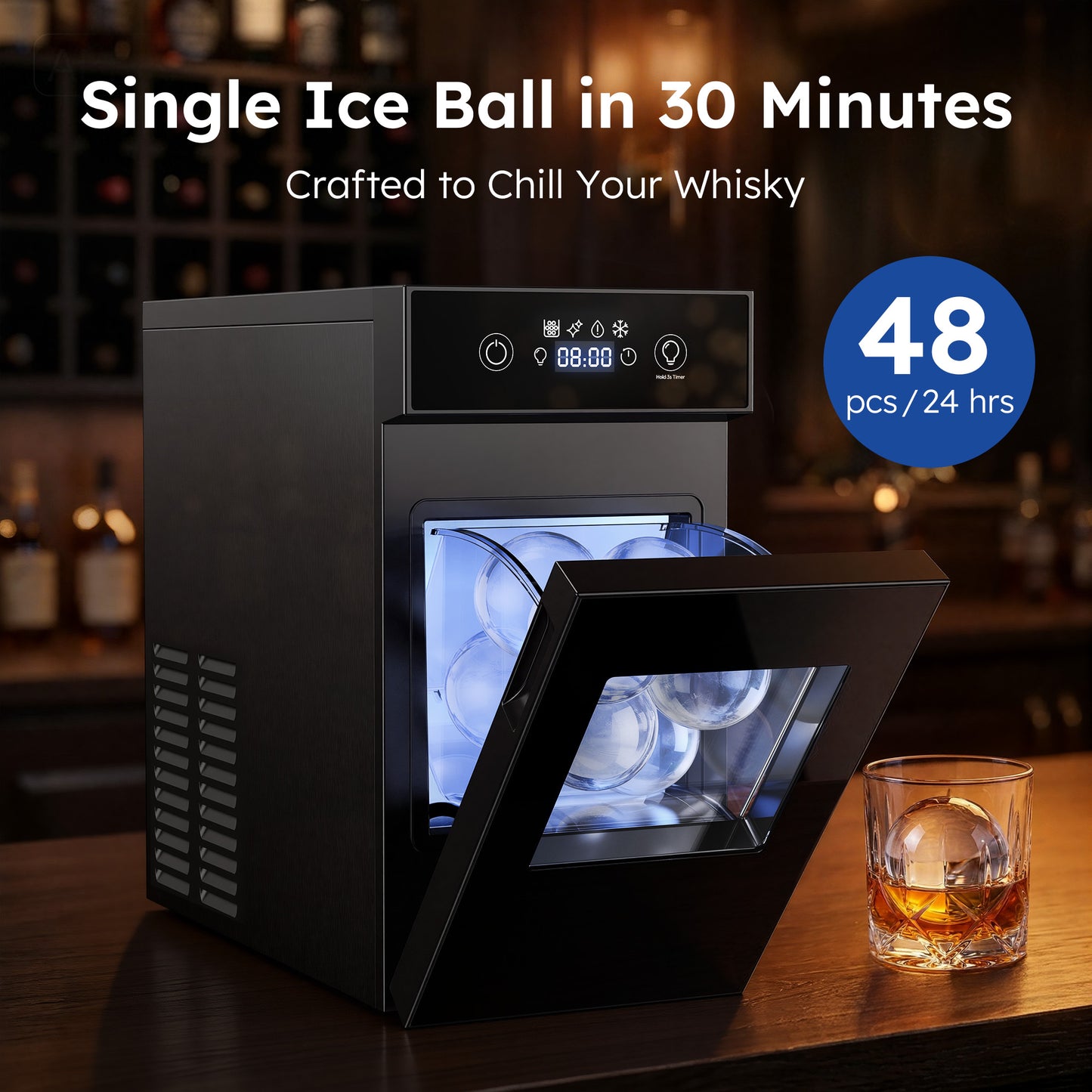 SIMZLIFE Ice Ball Maker Countertop, 2.4" Large Sphere Ice, 48 Balls/24H, Self-Cleaning for Whisky & Home Bar, Black