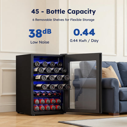 Simzlife 45 Bottle Wine Cooler Refrigerator,Built-in Wine Fridge with Stainless Steel Glass Door, for Home, Kitchen, or Office