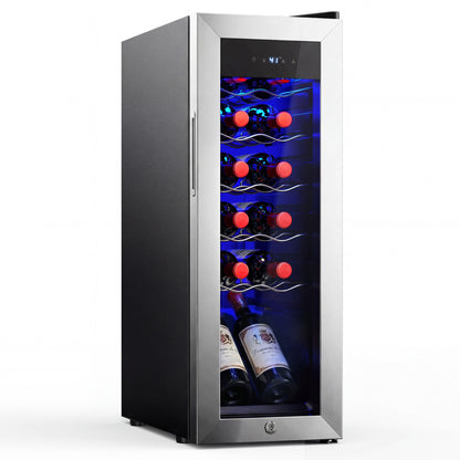 Simzlife 12 Bottle Wine Cooler Refrigerator with Lock, 11 Inch Wine Chiller with Stainless Steel Glass Door, Freestanding