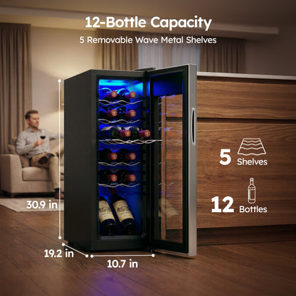 Simzlife 12 Bottle Wine Cooler Refrigerator with Lock, 11 Inch Wine Chiller with Stainless Steel Glass Door, Freestanding