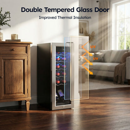 Simzlife 12 Bottle Wine Cooler Refrigerator with Lock, 11 Inch Wine Chiller with Stainless Steel Glass Door, Freestanding