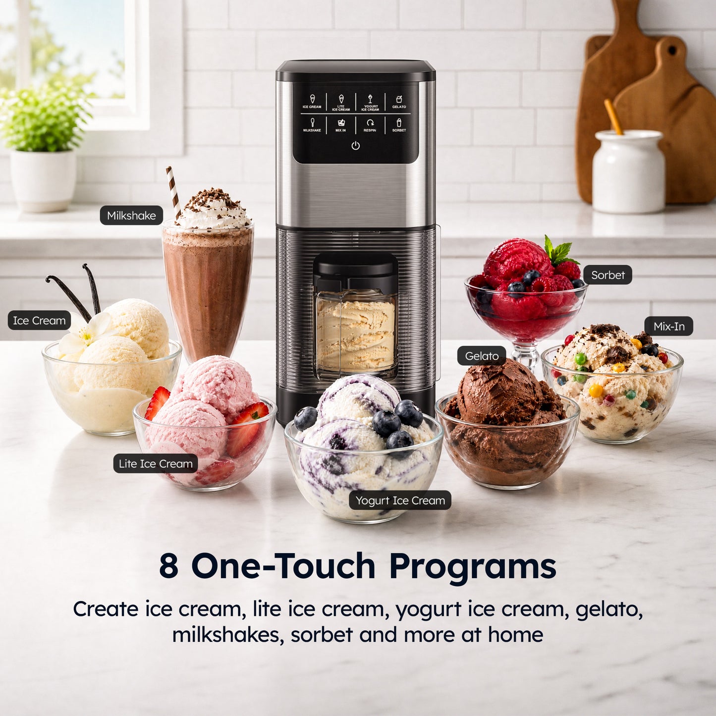 SIMZLIFE Ice Cream Maker, for Ice Cream, Gelato, Sorbet, Milkshakes & Frozen Yogurt, 8 One-Touch Programs, Re-Spin & Mix-In, (2) Tritan Cups