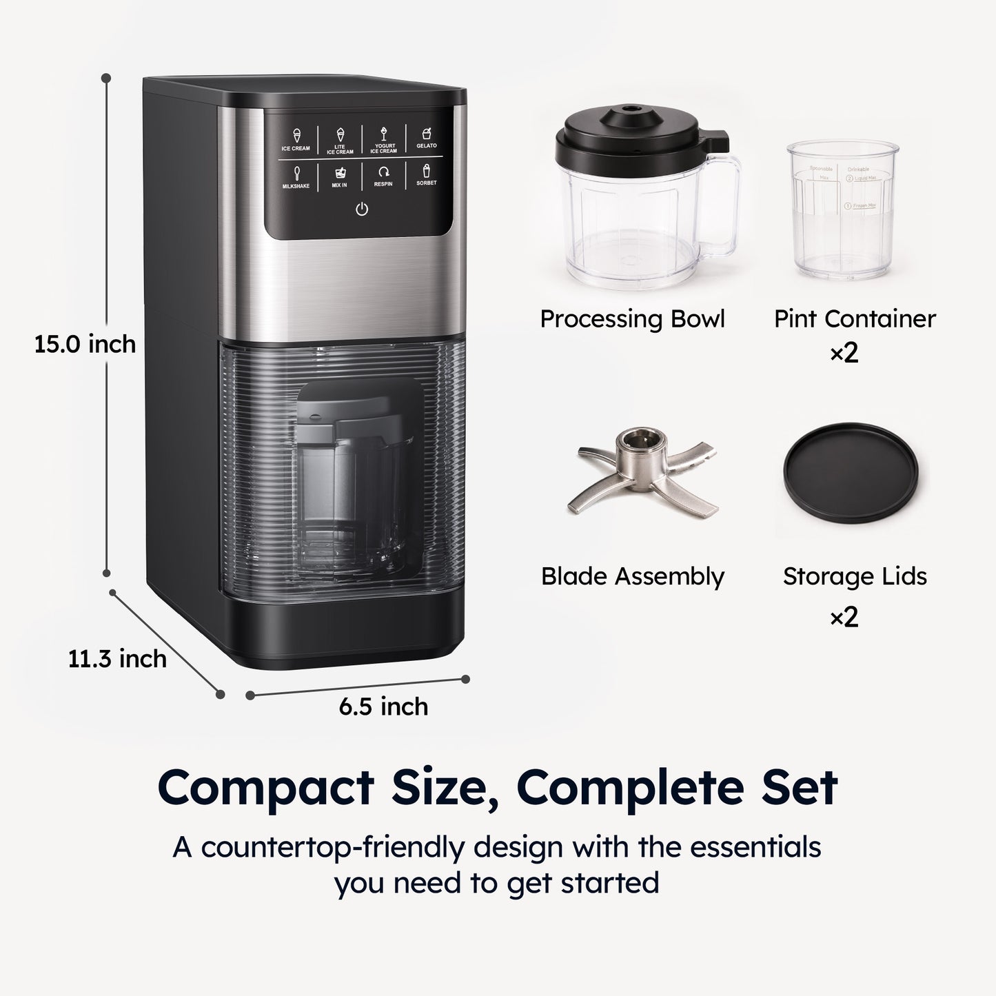 SIMZLIFE Ice Cream Maker, for Ice Cream, Gelato, Sorbet, Milkshakes & Frozen Yogurt, 8 One-Touch Programs, Re-Spin & Mix-In, (2) Tritan Cups