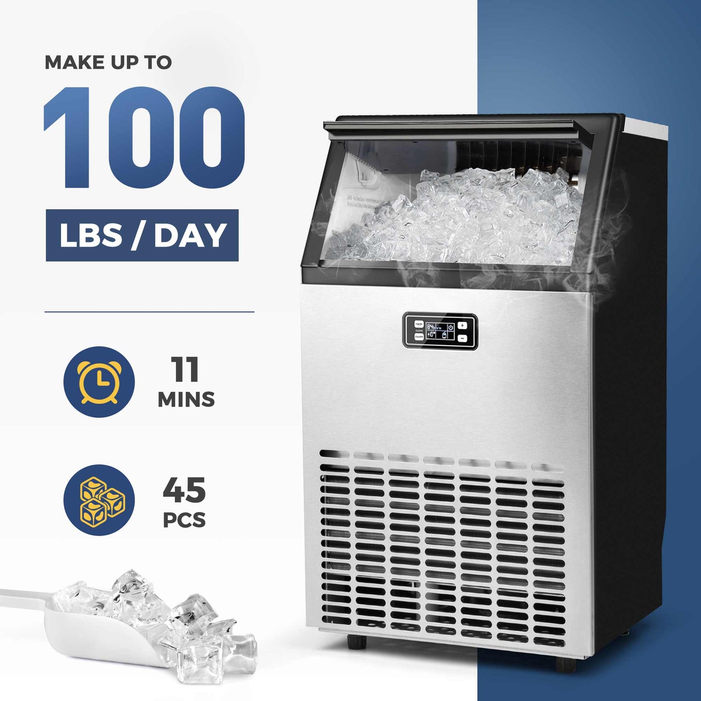 Simzlife 100 lbs./24H Commercial Freestanding/Built-in Ice Maker with 33 lb. Storage Bin in Silver, Stainless Steel