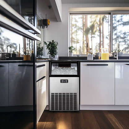 Simzlife 100 lbs./24H Commercial Freestanding/Built-in Ice Maker with 33 lb. Storage Bin in Silver, Stainless Steel