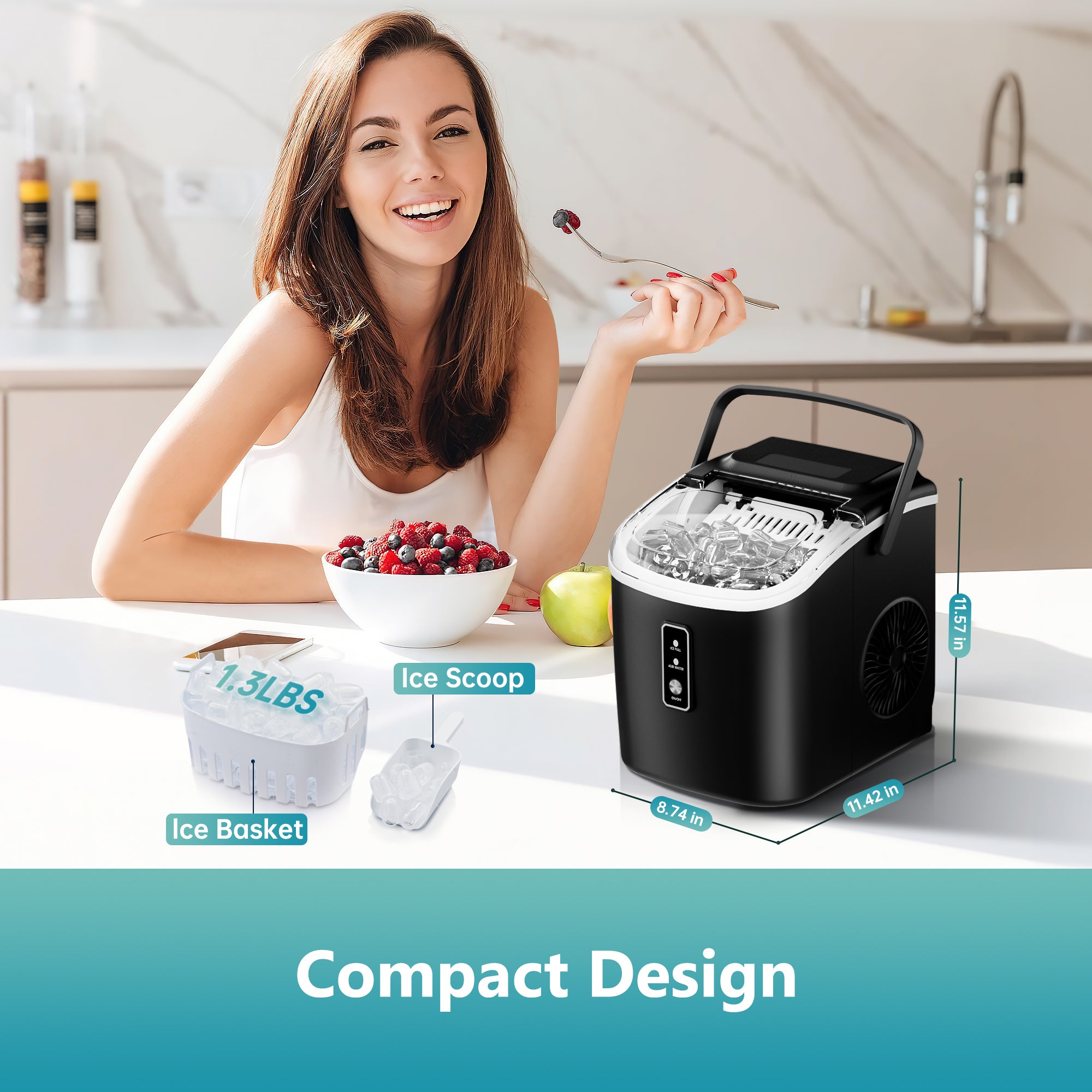 NEWBULG Countertop Bullet Ice Maker – Portable Machine W/ Scoop, 26lbs/24hrs, Self-Cleaning