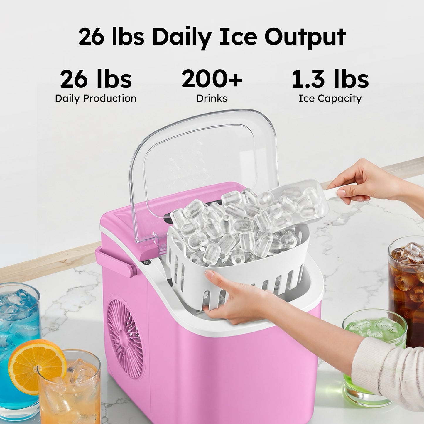 Simzlife Countertop Ice Maker Machine with Handle, 26lbs Per Day, 9 Ice Cubes Ready in 6 Mins, Auto-Cleaning Portable Ice Maker with Basket and Scoop, for Home/Kitchen/Camping/RV