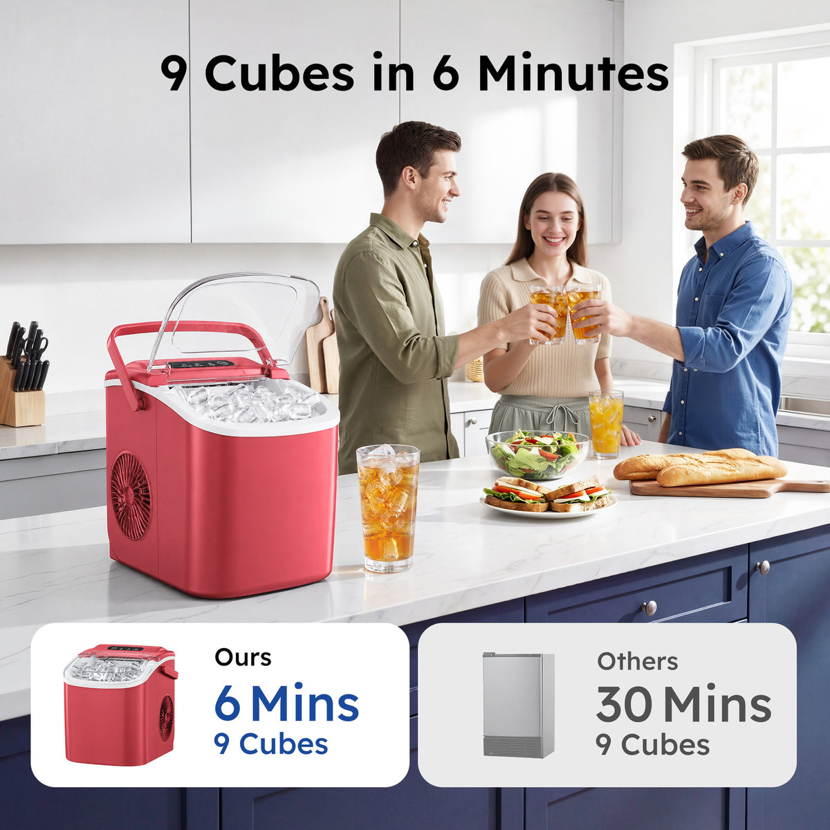 Simzlife Portable Countertop Ice Maker, 26 Lbs/24H, 9 Bullet-Shaped Ice Cubes in 6 Minutes, Self-Cleaning Ice Machine, Red