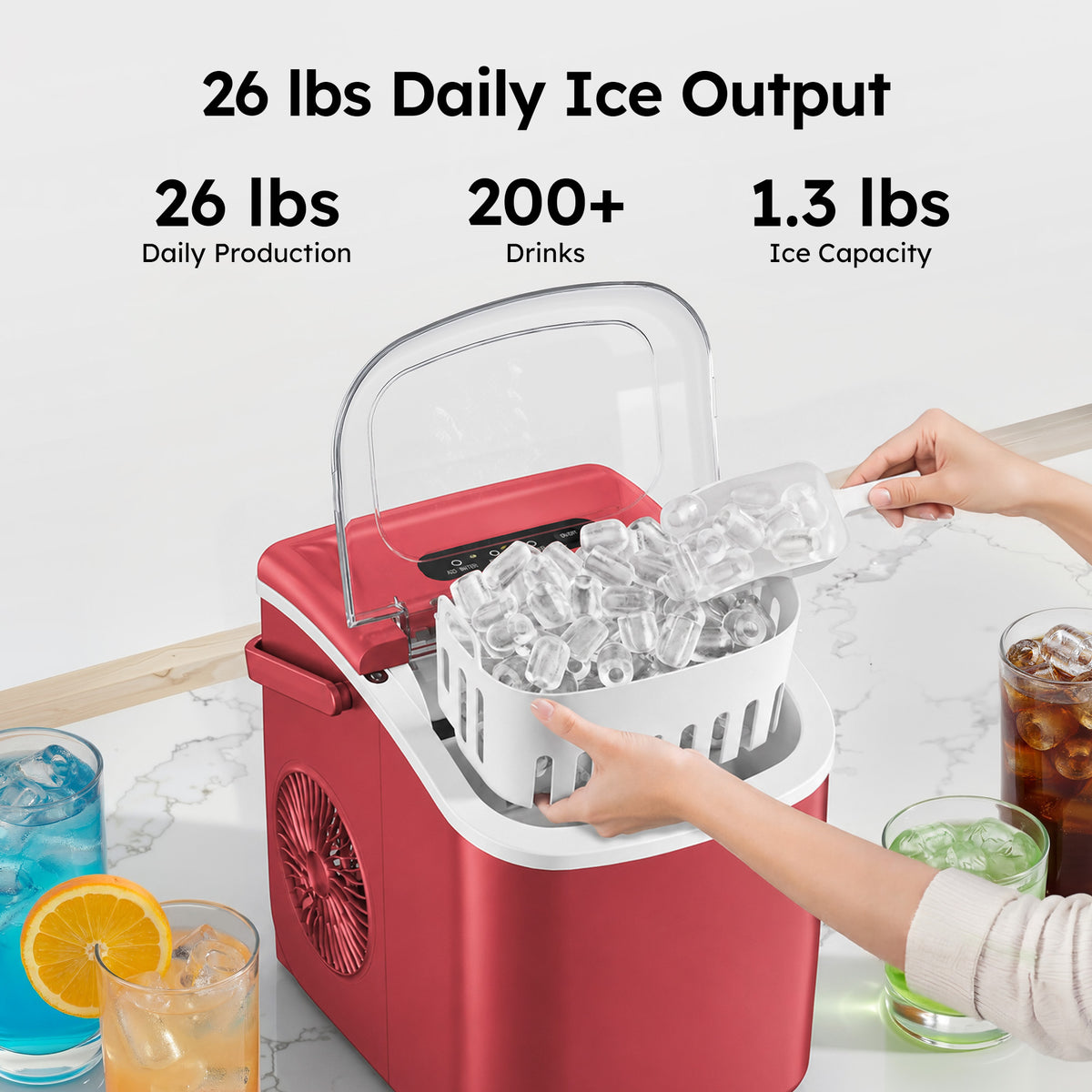 Simzlife Portable Countertop Ice Maker, 26 Lbs/24H, 9 Bullet-Shaped Ice Cubes in 6 Minutes, Self-Cleaning Ice Machine, Red