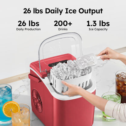 Simzlife Portable Countertop Ice Maker, 26 Lbs/24H, 9 Bullet-Shaped Ice Cubes in 6 Minutes, Self-Cleaning Ice Machine, Red