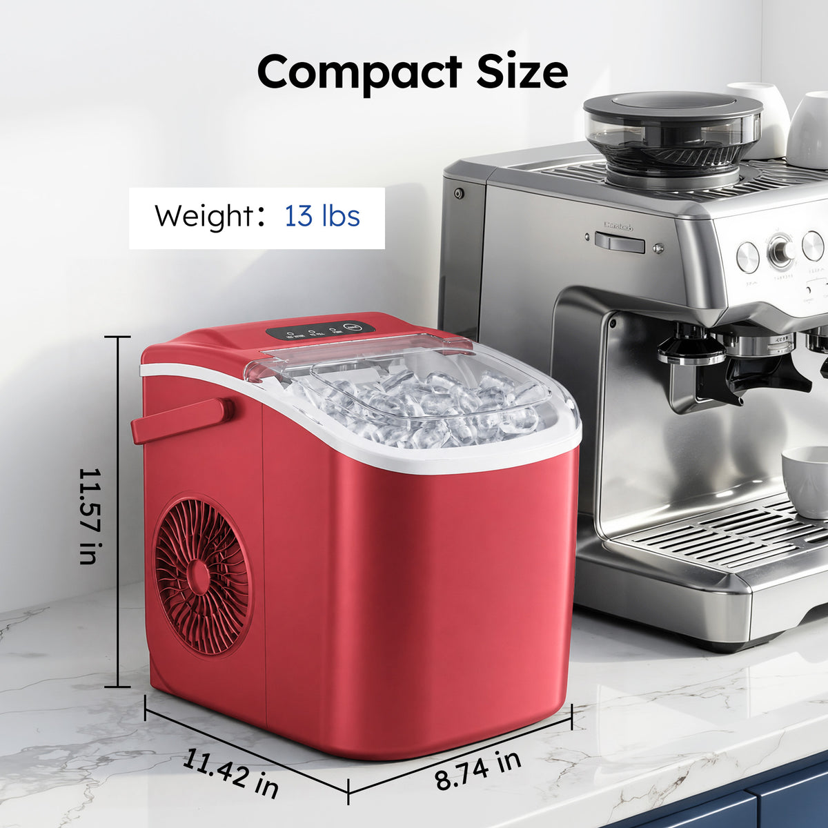 Simzlife Portable Countertop Ice Maker, 26 Lbs/24H, 9 Bullet-Shaped Ice Cubes in 6 Minutes, Self-Cleaning Ice Machine, Red
