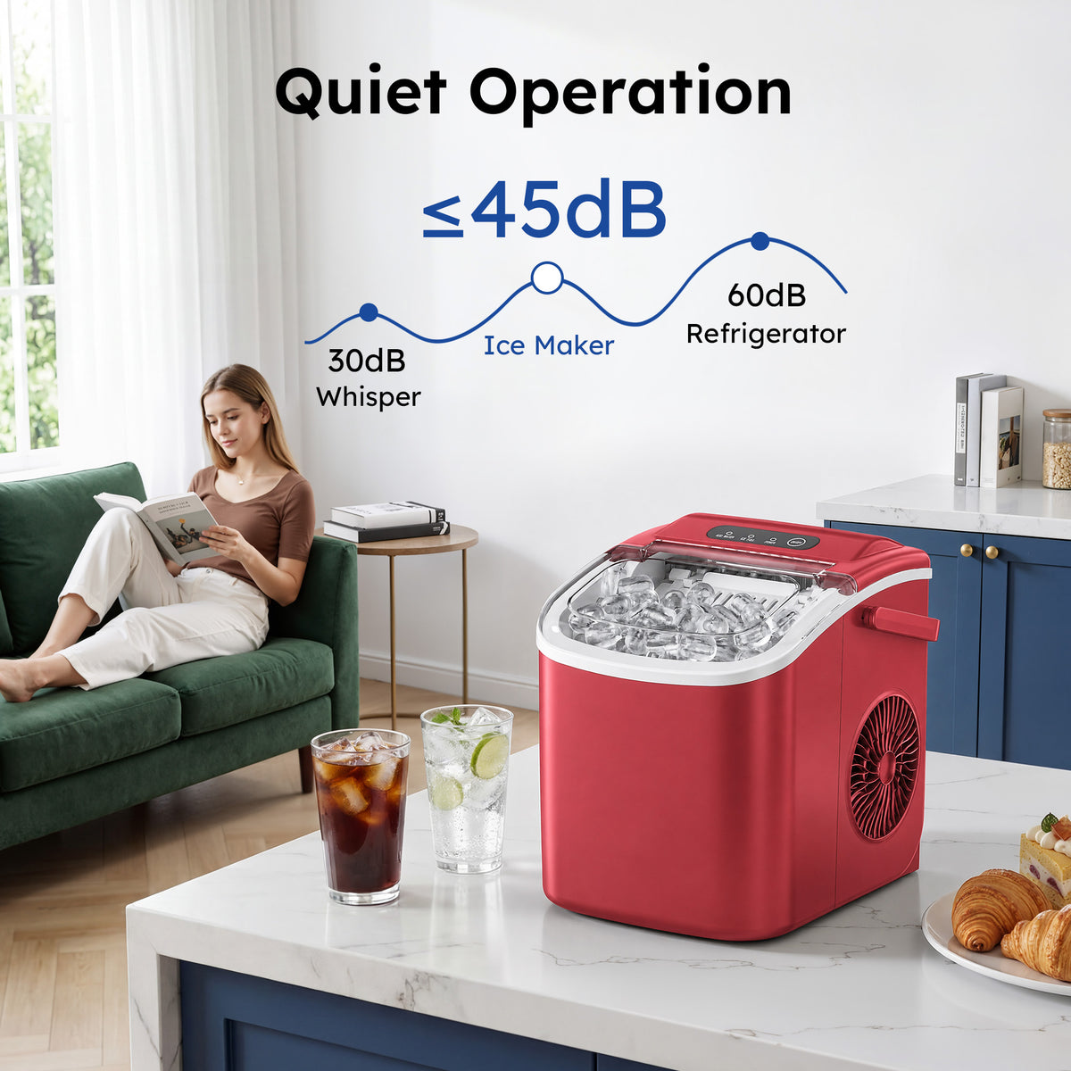 Simzlife Portable Countertop Ice Maker, 26 Lbs/24H, 9 Bullet-Shaped Ice Cubes in 6 Minutes, Self-Cleaning Ice Machine, Red