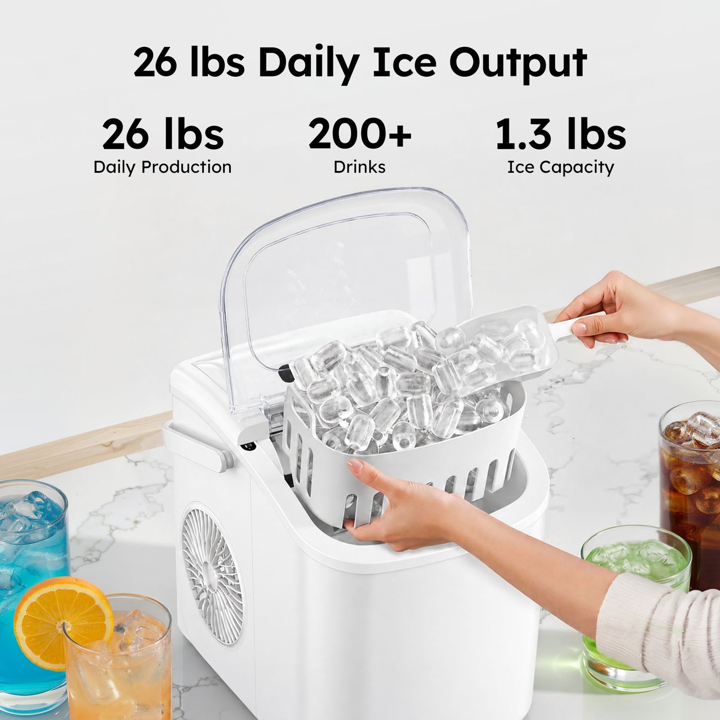Simzlife Countertop Ice Maker Machine with Handle, 26lbs Per Day, 9 Ice Cubes Ready in 6 Mins, Auto-Cleaning Portable Ice Maker with Basket and Scoop, for Home/Kitchen/Camping/RV