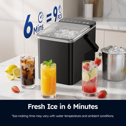 SIMZLIFE Countertop Ice Maker with Portable Handle, 26lbs/24H, 9 Cubes Ready in 6 Mins, Self-Cleaning, Compact Ice Machine with Basket & Scoop, Black