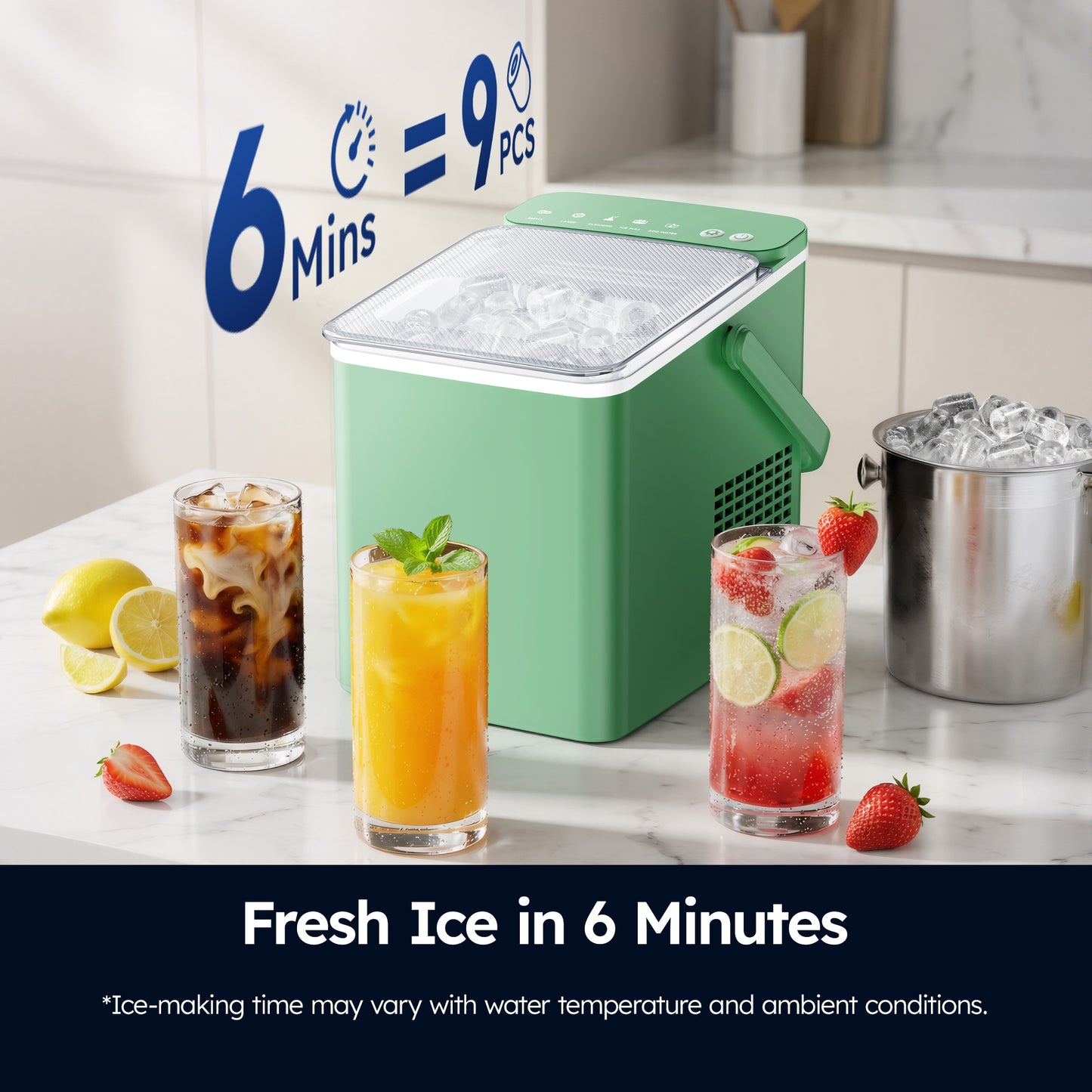SIMZLIFE Countertop Ice Maker with Portable Handle, 26lbs/24H, 9 Cubes Ready in 6 Mins, Self-Cleaning, Compact Ice Machine with Basket & Scoop, Green
